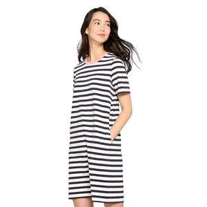 Joules Navy and White Striped Midi Dress With Pink Trim on Collar
